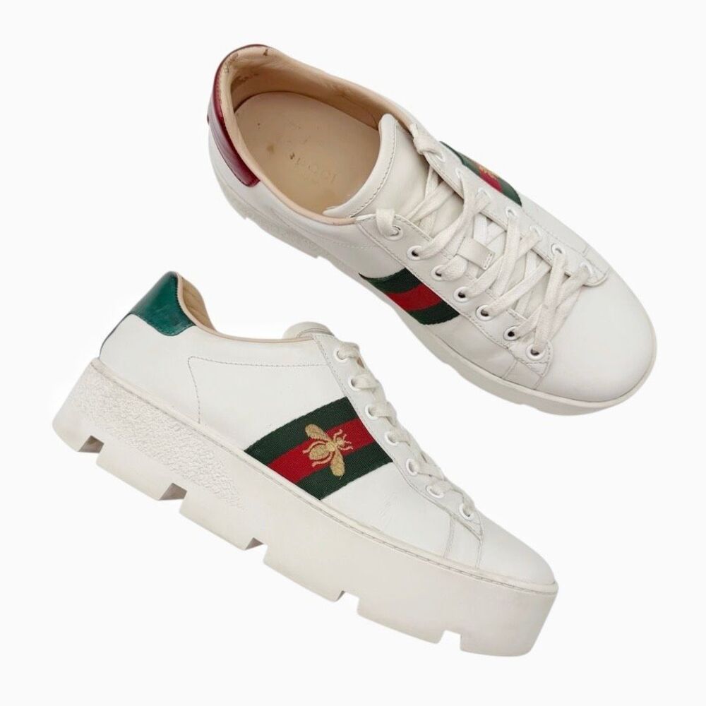 GUCCI Ace Platform White Leather Sneaker Size 39 Lace Up Web Stripe Chunky